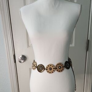 Stylish Tan Leather Belt With Antique Gold Studded Disc Accents Women's Belt